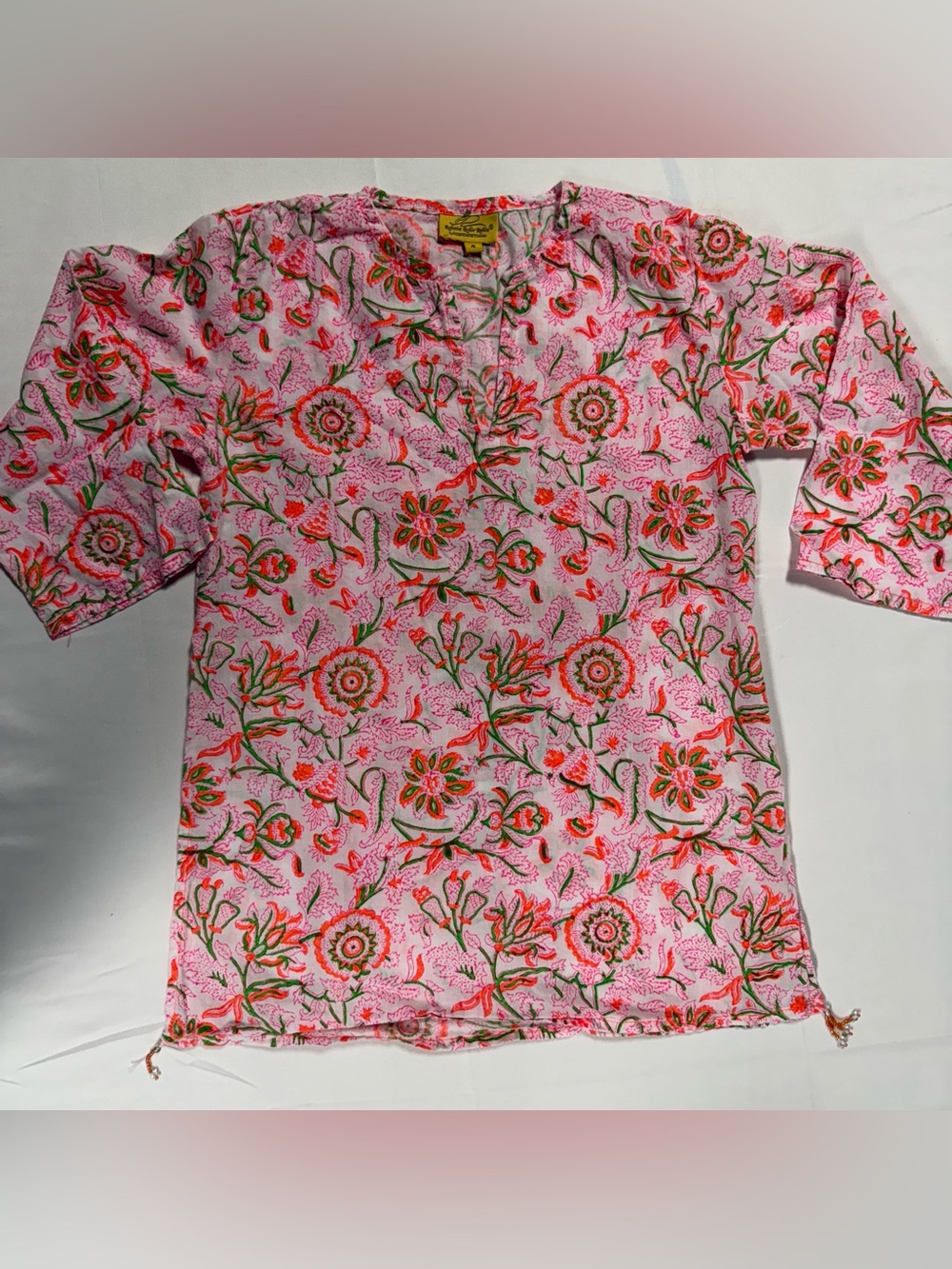Roller Rabbit Girls Size 4 Pink Floral Block Print Cover Up Tunic Tassel Hem